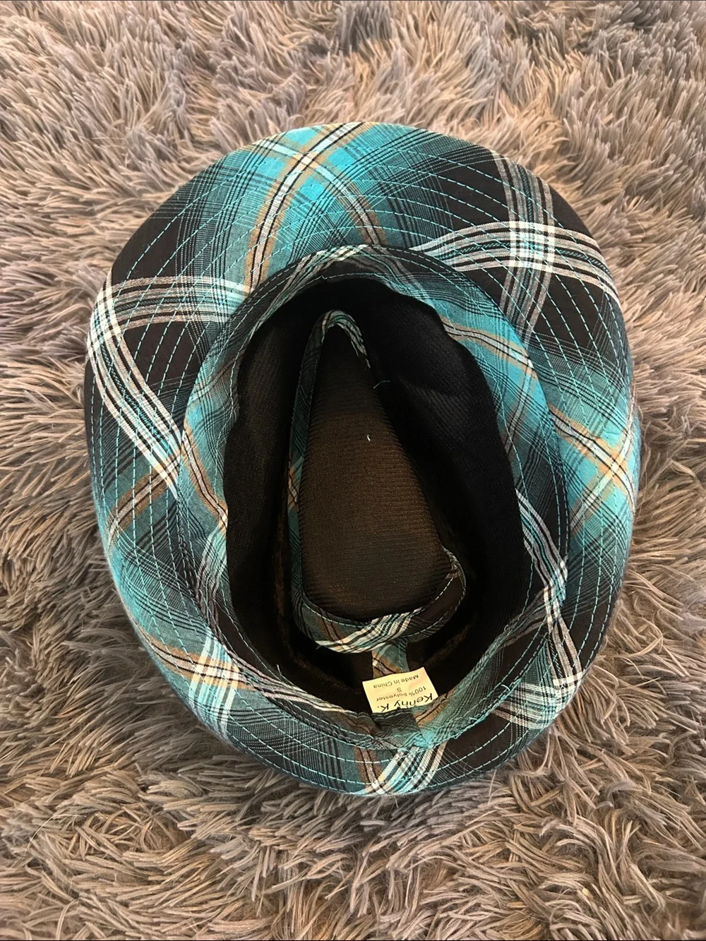 Kenny k Plaid Teal & Black Fedora with Signature Logo